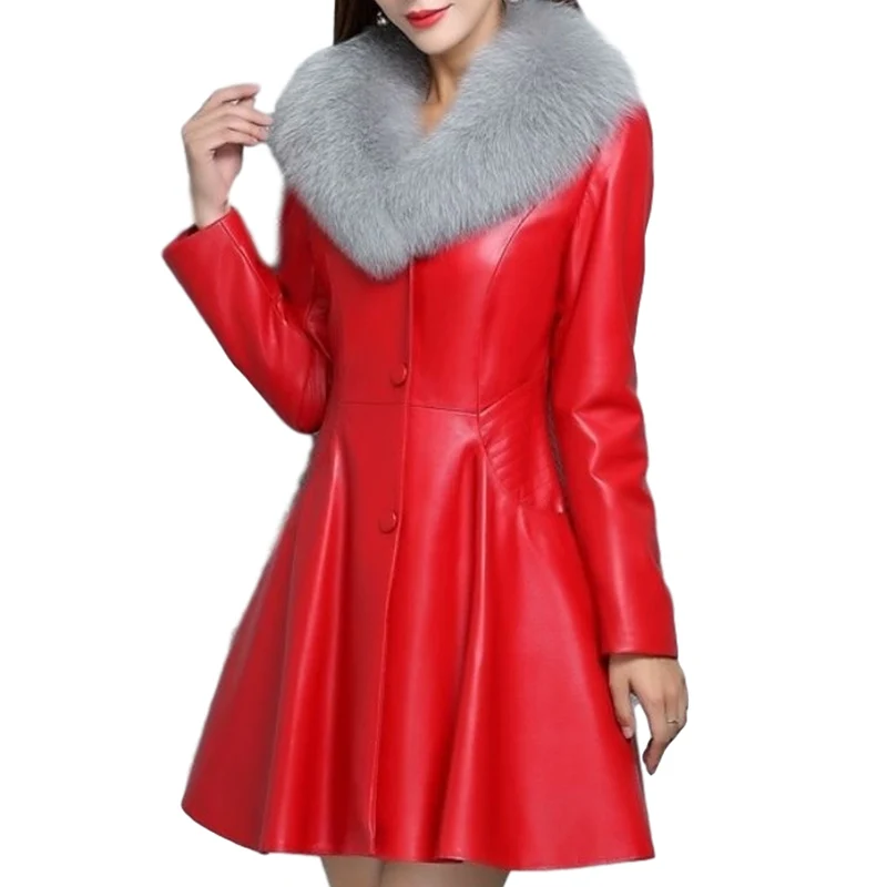 Red2 Женская куртка из искусственной кожи, большие размеры, S-8XL, роскошная куртка с поясом, длинное пальто с меховым воротником, черная куртка из искусственной кожи, женская верхняя одежда, уличная одежда - Цвет: Red2