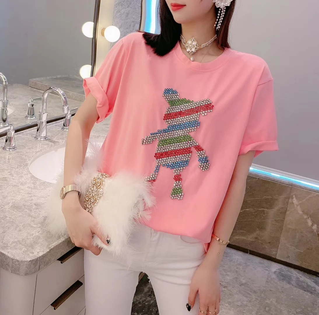 

2021 Spring Summer Diamond Bear Short-Sleeved T-shirt New Korean Design Retro Female Top Loose Round Neck Solid Bottom Tee