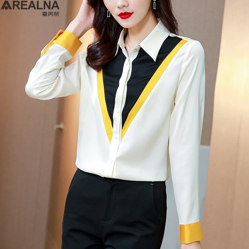 

Женская атласная блузка, элегантная шелковая рубашка с отложным воротником и длинным рукавом, офисный Топ, Повседневная однобортная блузка...