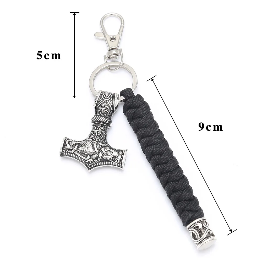 

Vintage Handmade Keychain Viking Rune Hammer Car KeyRing mjolnir Outdoor Mountaineering Survival Braided rope Men Norse Jewelry