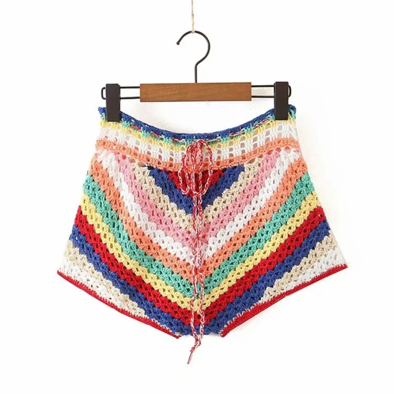 

Striped Casual Women Pants Knitted Crocheted Shorts Pant Sweater Bandage Rainbow Drawstring High Waist Summer Holiday Beachwear