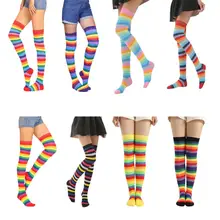 Calcetines largos por encima de la rodilla para mujer y niña, con rayas coloridas del arcoíris, disfraz de Halloween, tejido elástico hasta el muslo