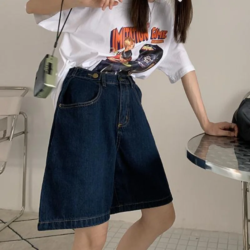 

Women High Waisted Denim Shorts Pants Loose Straight Korean Female Korean Vintage Summer Students Casual Trousers