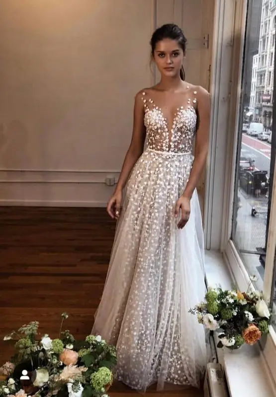 Berta A Line пляжное свадебное платье 2019 тонкое кружевное Тюлевое Прозрачное с бантом