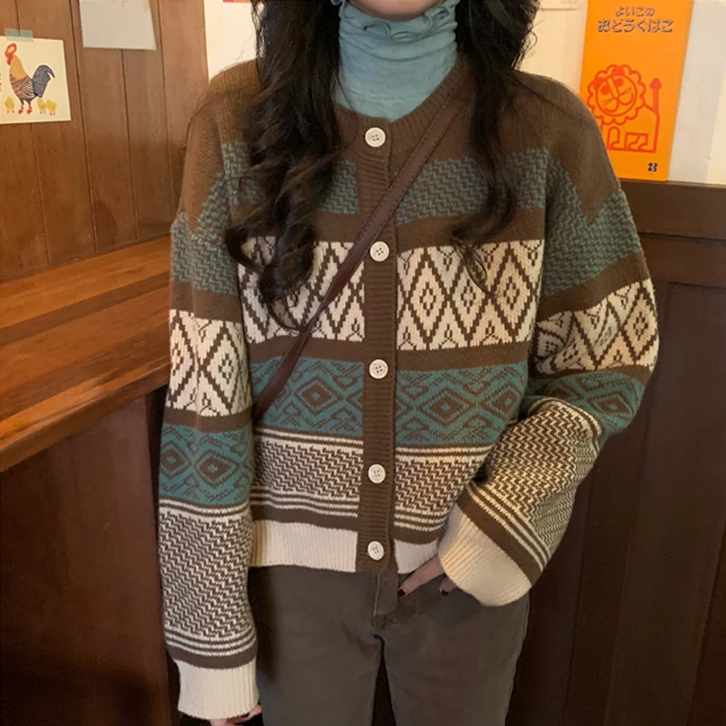 

Женский винтажный кардиган на пуговицах PEONFLY, осенний свитер с круглым вырезом и длинным рукавом, вязаный жакет
