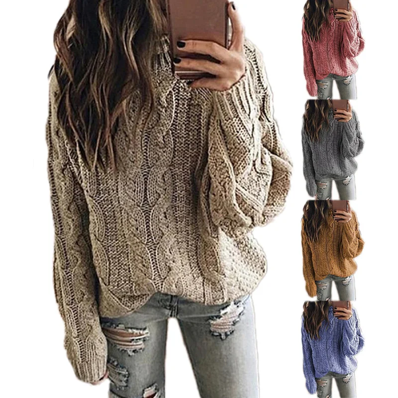 

Вязаный свитер для женщин пуловер оверсайз свободный длинный рукав однотонный ребристый теплый джемпер осень-зима
