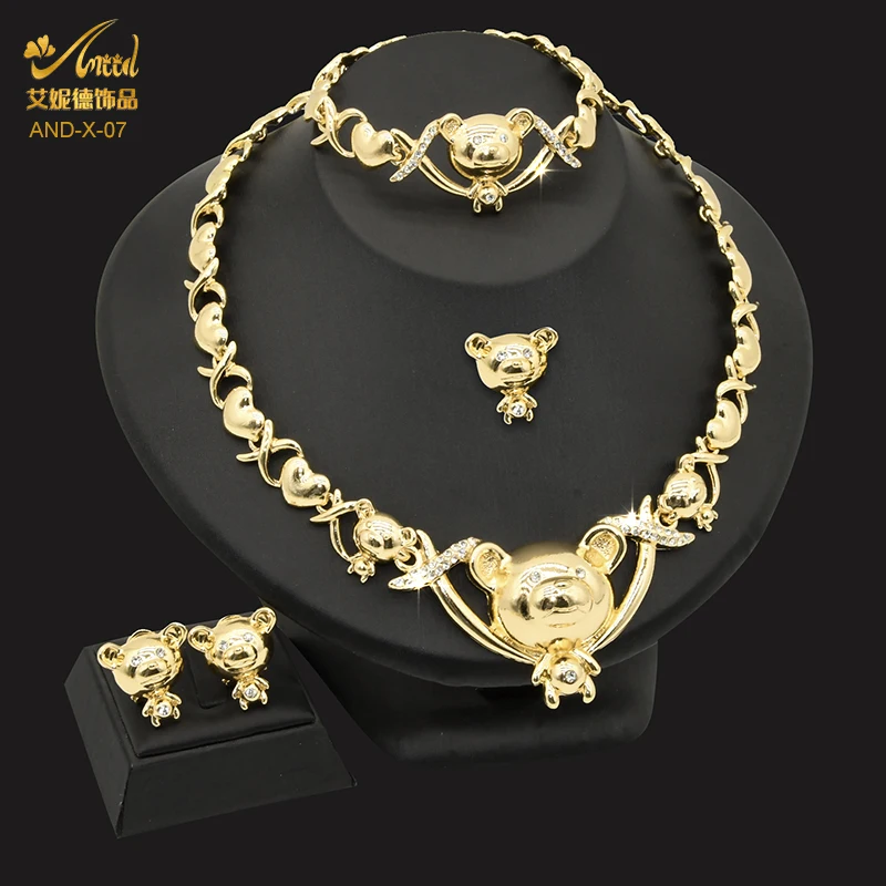 

Nigerian Wedding Jewelry Set XoXo Bear Crystal Luxury Necklace African Fashion Gold Plated Ethiopian Earring Ring Dubai