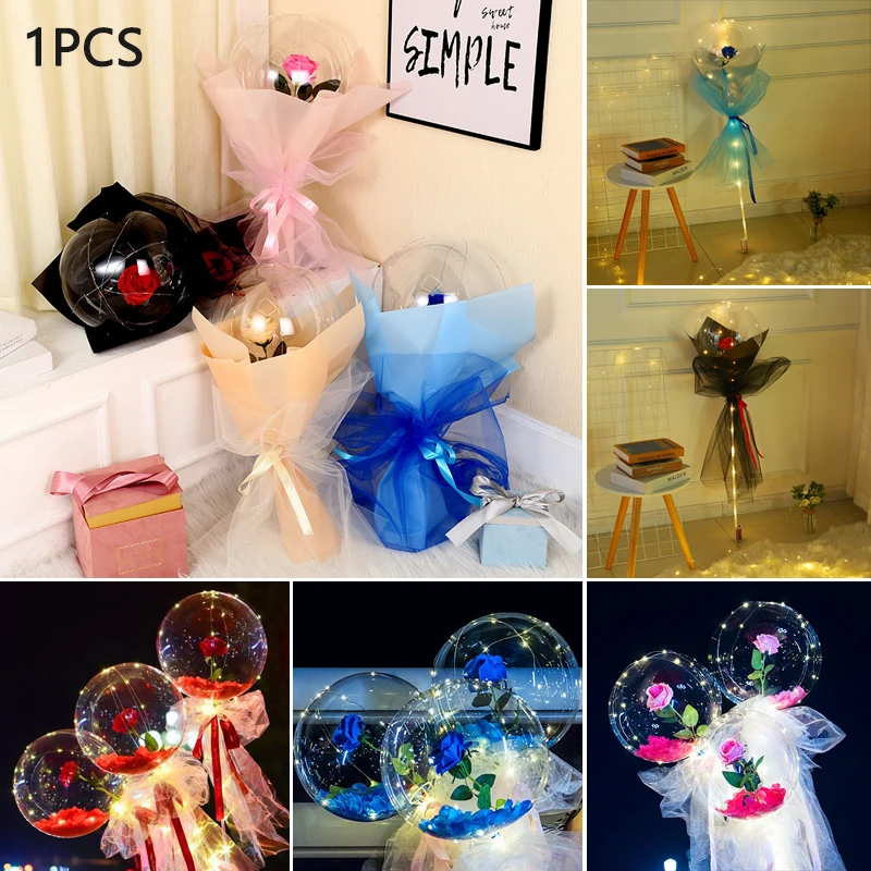 

Luminous Balloon Rose Bouquet Led Light Up Bobo Ball with Rose 20 Inch Glow Bubble Balloons with String Lights JA55