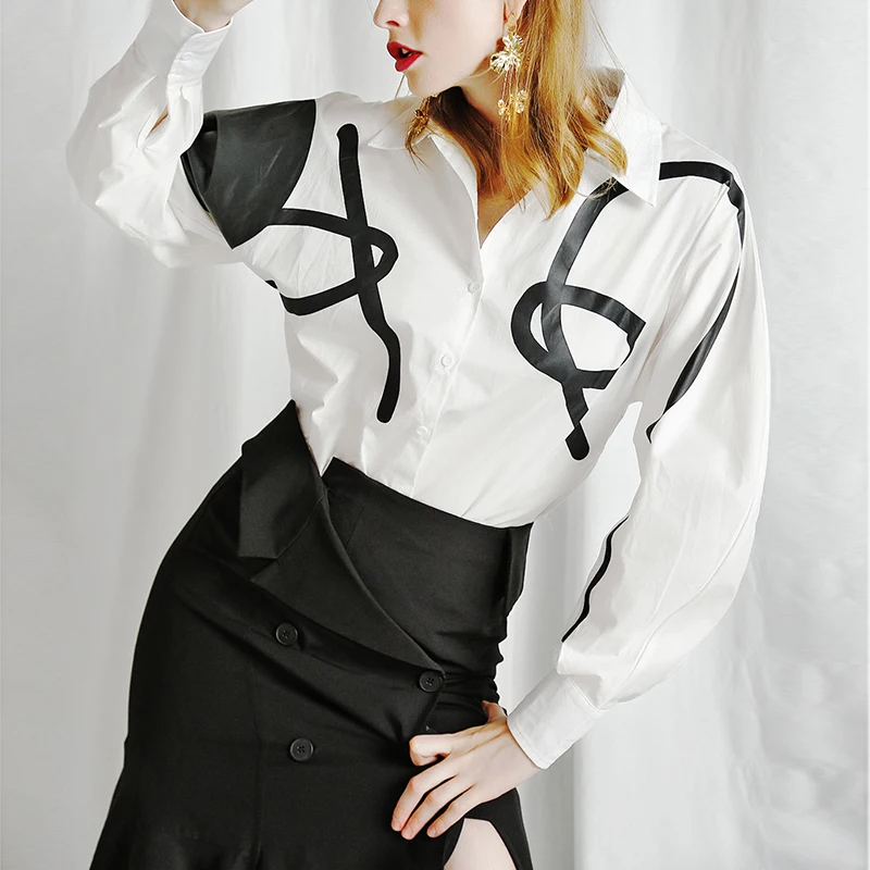 

Women Graffiti Shirt Colorblock Lantern Sleeve Oversize Loose Blouse Tops