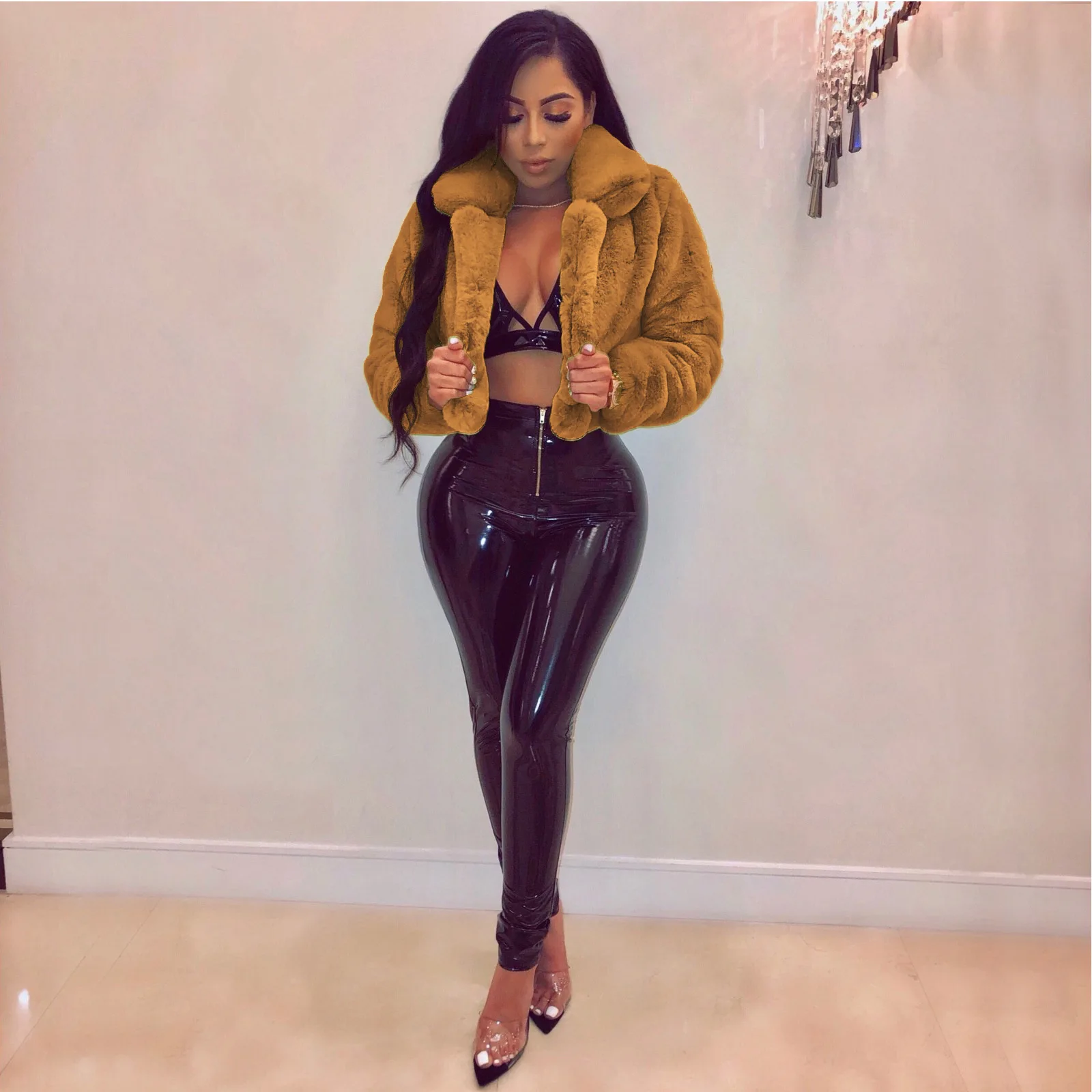 

VS&LLWQ Fashion Lime Green Short Faux Fur Coat 2020 New Winter Neon Fluorescent Warm Cardigan Cropped Jacket Fluffy Teddy Coats