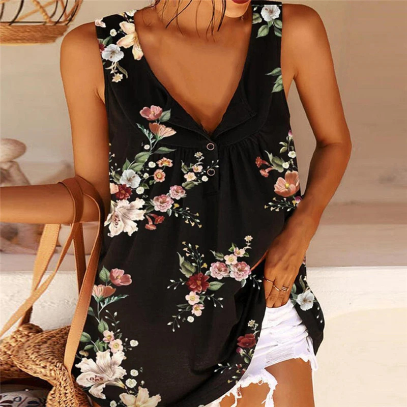 

2021 New Fashion T-Shirt Temperament Commuter Loose Flower Printed V-Neck Button Sleeveless Pullover Vest Women's Top Summer