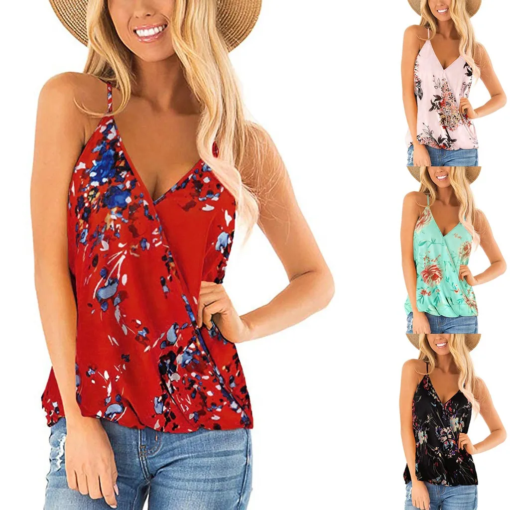 Цветочные принты на тонких бретельках Женские цветочные глубокий v образный