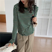 hzirip green brief womens hot new korean cotton loose casual basewear striped long sleeve tops all match basic t shirts