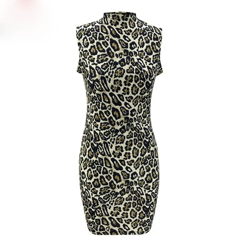 

Summer Hedging Mid-high Collar Sexy Leopard Pencil Skirt Patchwork Design O-neck Sleeveless High Waist Camouflage Print Slim Hip