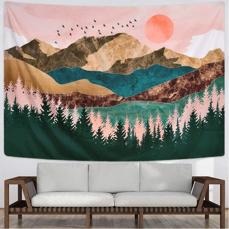 

Mountain Tapestry Forest Tree Tapestry Sunset Tapestry Nature Landscape Tapestry Wall Hanging for Room(51.2 x 59.1 inches)