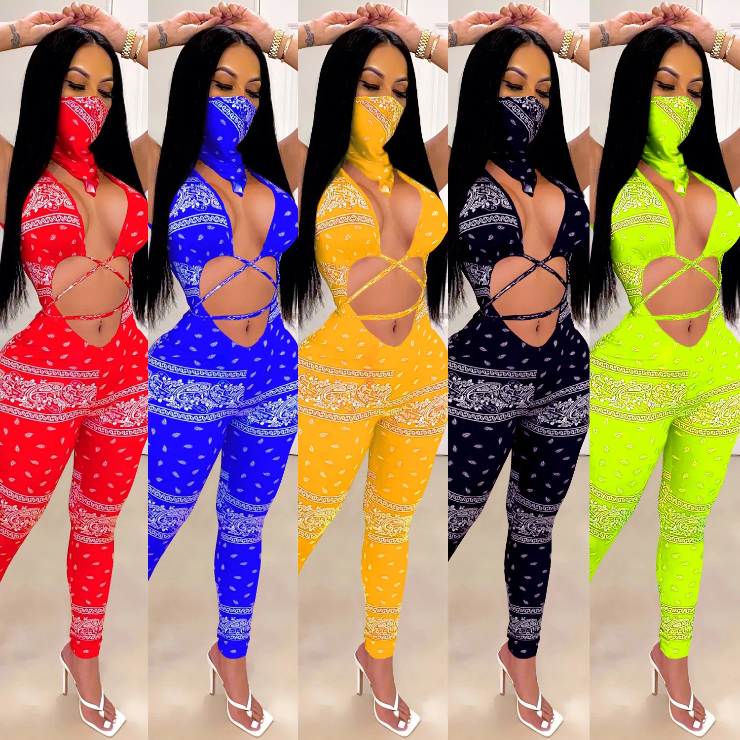 ANJAMANOR Bandana Jumpsuits for Women 2020 Clubwear Sexy One Piece Outfit Plus Size V Neck Hollow Out Bodycon Rompers D42-CB28 | Женская