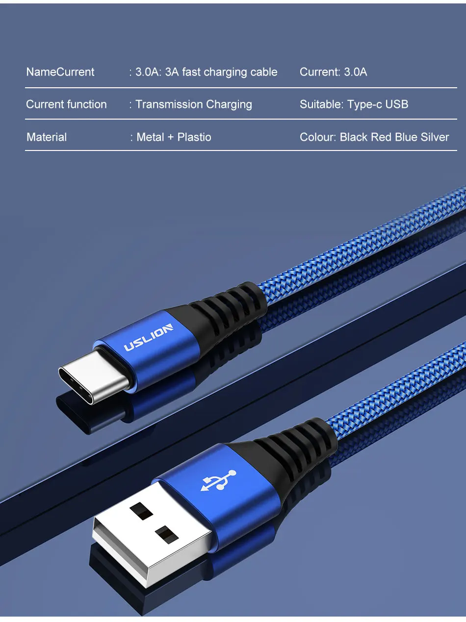 USLION 3A usb type C кабель для samsung S10 S9 S8 Быстрая зарядка type-C Телефон зарядный провод USB C кабель для Xiaomi mi9 Redmi note 7