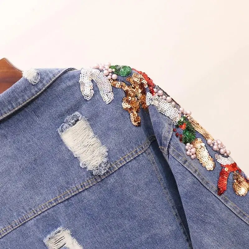 Korean Beading Sequin Denim Jacket Coat Women Outwear Spring Autumn Jeans Loose Basic Vintage Jackets | Женская одежда
