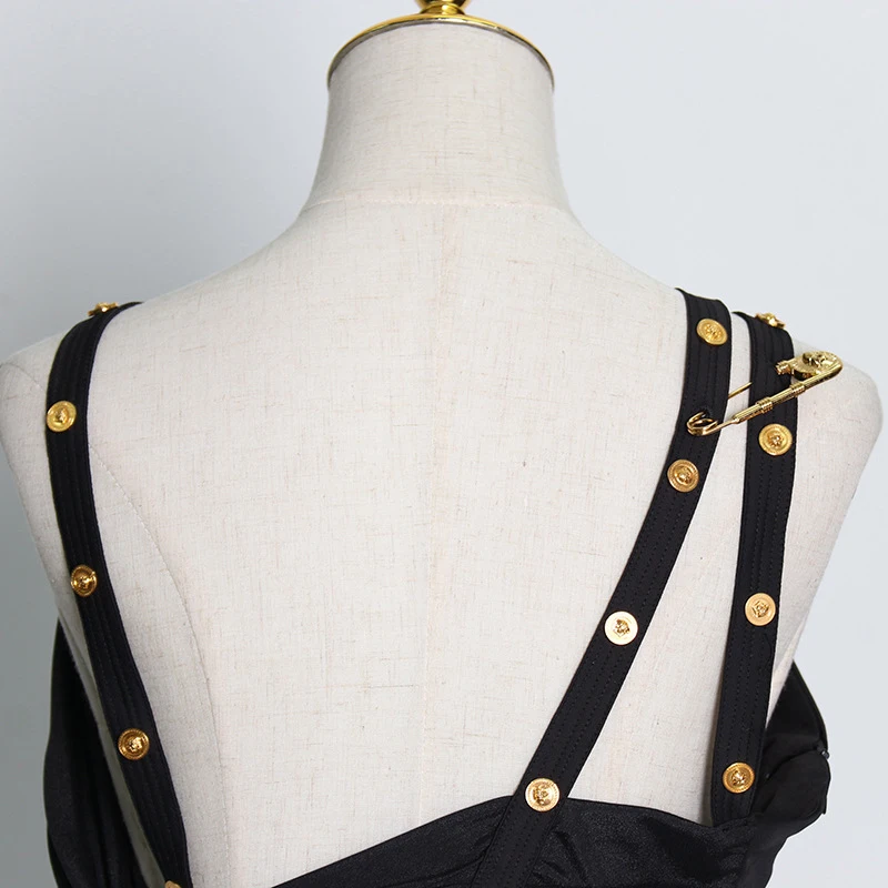 

GALCAUR Black Dress For Women Asymmetrical Neck Sleeveless Patchwork Hit Color Halter High Waist Female 2021 Summer Clothes Tide