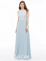 a line jewel neck floor length chiffon metallic lace bridesmaid dress with pleats draping appliques 2021
