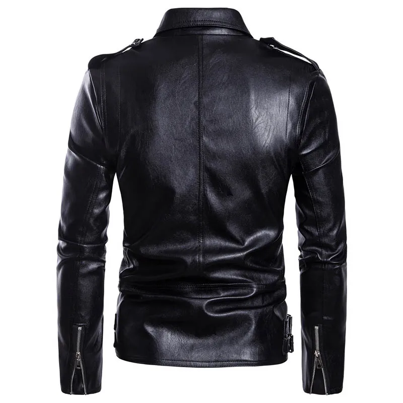 

Mcikkny Men's Motorcycle Pu Leather Jackets Multi Zipper Turn Down Collar Faux Leather Jackets Coats For Man Size M-5XL Black