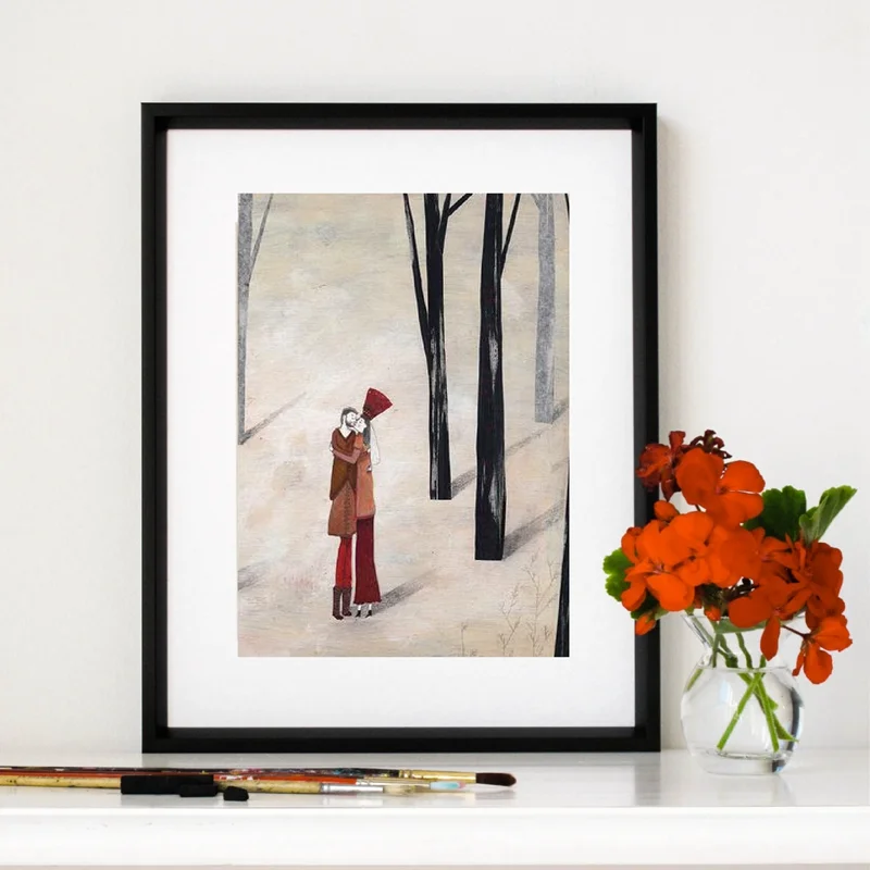 Художественный принт обои Hug в лесу с сердечками иллюстрации поцелуй и объятия