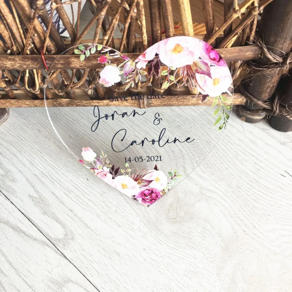 Розовое сердце акриловая персонализированная печать прозрачная Свадебная