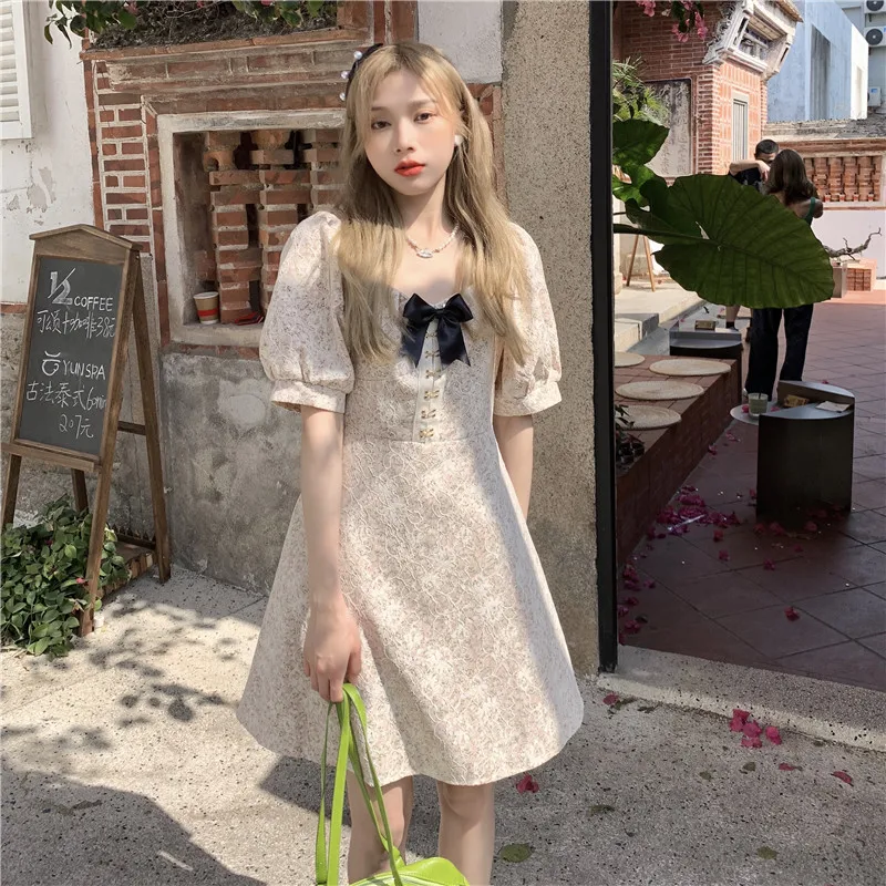 

Japanese Style Causal Slim Puff Sleeve Bow Simple College Wind Women Simple Fashion 2021 New Dresses