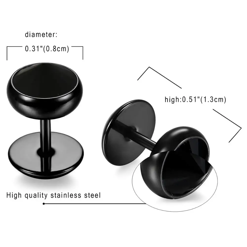 Мужские Черные Накладные беруши из нержавеющей стали 8 мм шпильки с фианитами