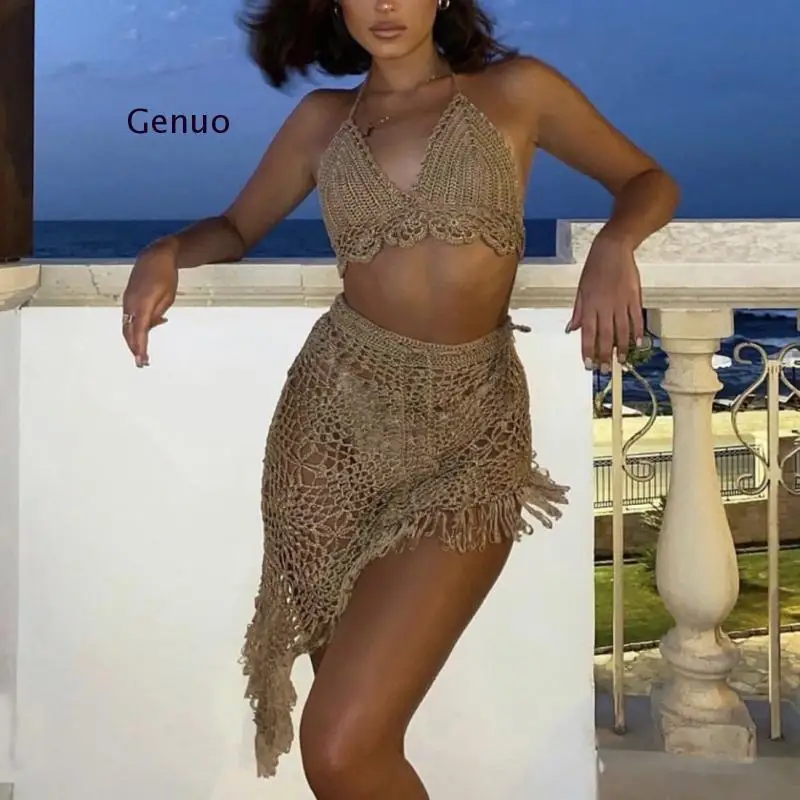 Женская Асимметричная пляжная одежда сексуальная бандажная вязаная крючком