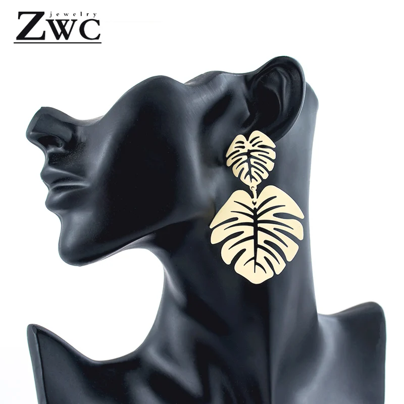 ZWC Новые Модные женские Полые зеленые белые желтые листья дерева серьги с длинной подвеской для женщин металлические висячие серьги ювелирные изделия оптом