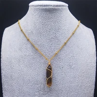 tigers eye divination hexagonal prism stainless steel chain necklaces women gold color necklace jewelry chaine collier nz62s04