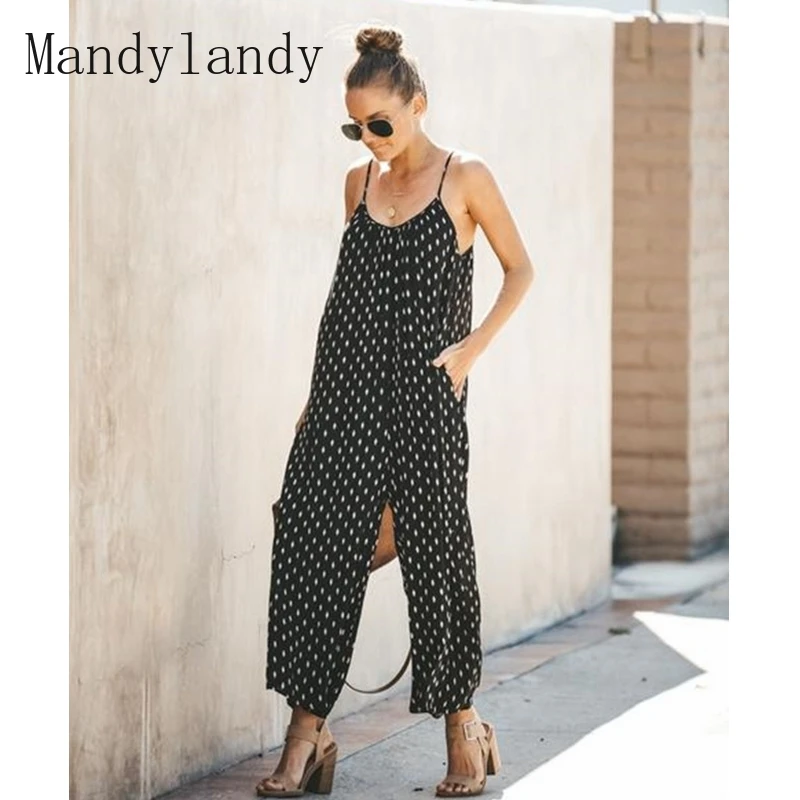 

Mandylandy Jumpsuit Summer V-neck Backless Spaghetti Strap Wide Leg Ankle-Length Jumpsuits Women Printed Loose Pockets Jumpsuits