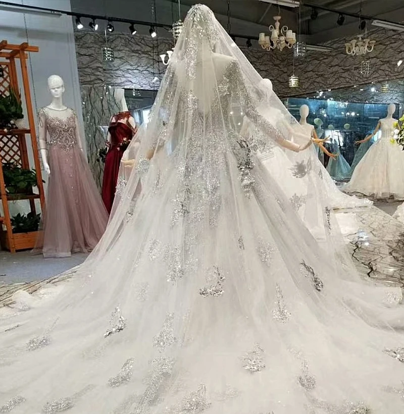 

BGW Dubai Mother Of Bride Shiny Grey Dress Long Sleeve O Neck Long Train Crystal Women Occasion Dress With Veil High Quality