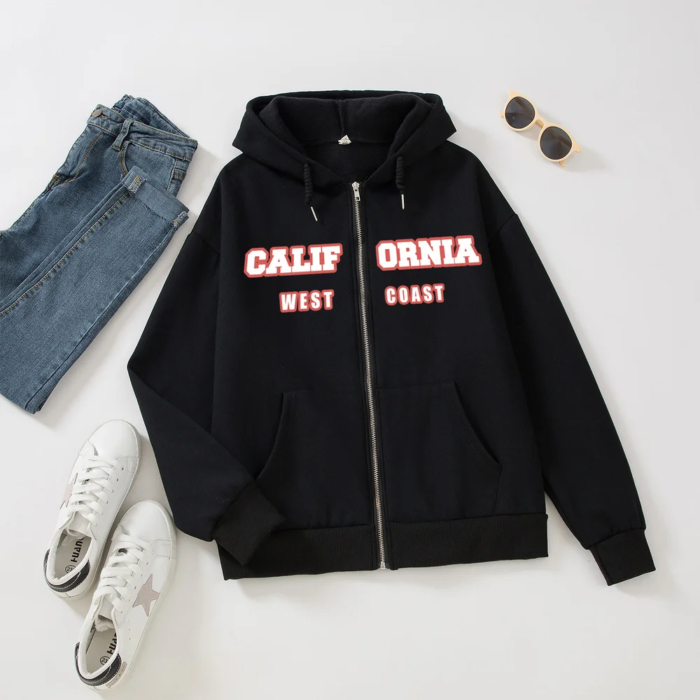

California Oversized Hoodie Zipper Black Hoodie Graphic Sweatshirt Women Fashion Clothes Kpop Top Autumn Winter Long Sleeve