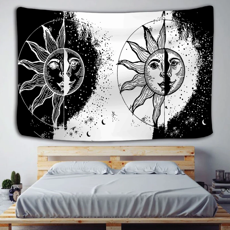 

Mandala Black and White Starry Sky Tapestry Moon Wall Hanging Indian Pattern Yoga Blanket Boho Dormitory Living Room Decoration