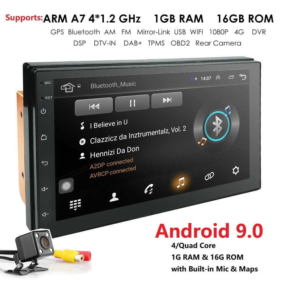 DSP 2Din " Android 9,0 автомобиль без DVD плеер Радио Стерео gps головное устройство Navi 4-х ядерный OBD2 BT WiFi 1 ГБ Сенсорный экран DAB зеркало+ Cam+ карта