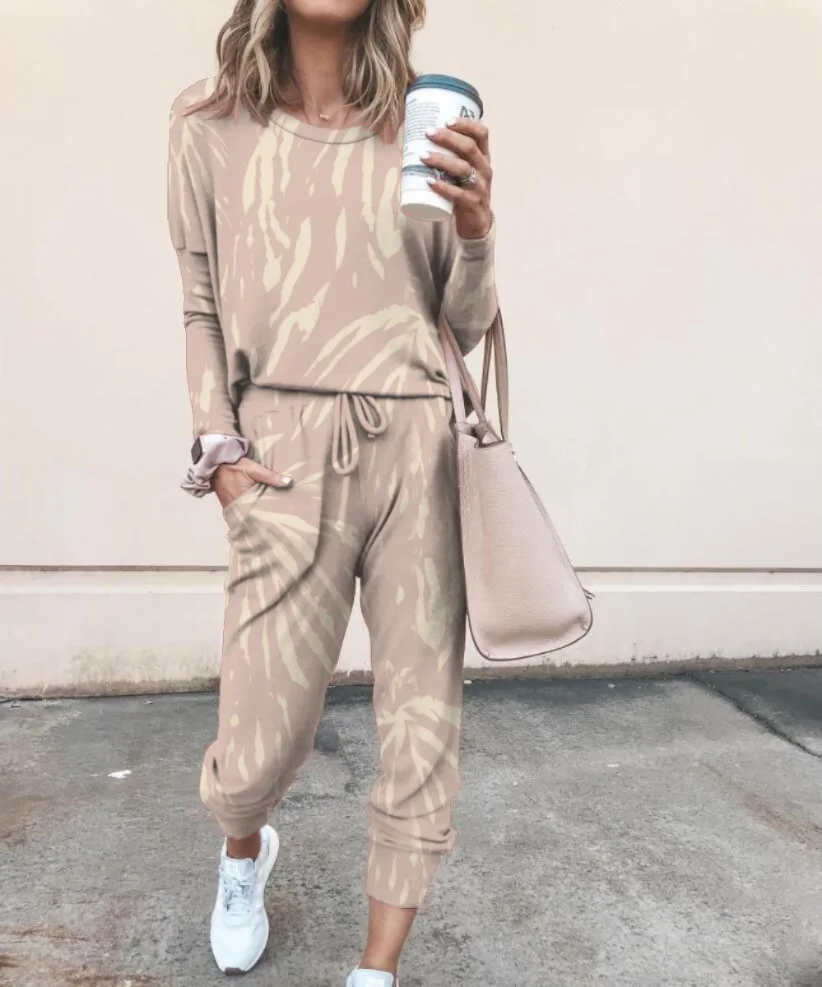 

Donsignet Women's Suit New Fashion Temperament Casual Home Sleeve Sleeve Suit Two Piece Set Women Round Neck Pad Dye Printing