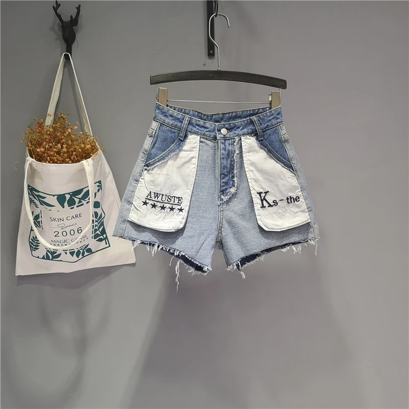 

2021 New Blue Jean Shorts Trouser White Pockets Eversion Patched Fashion Girls Letters Embroidery Hot Pants Women Jeans Mujer