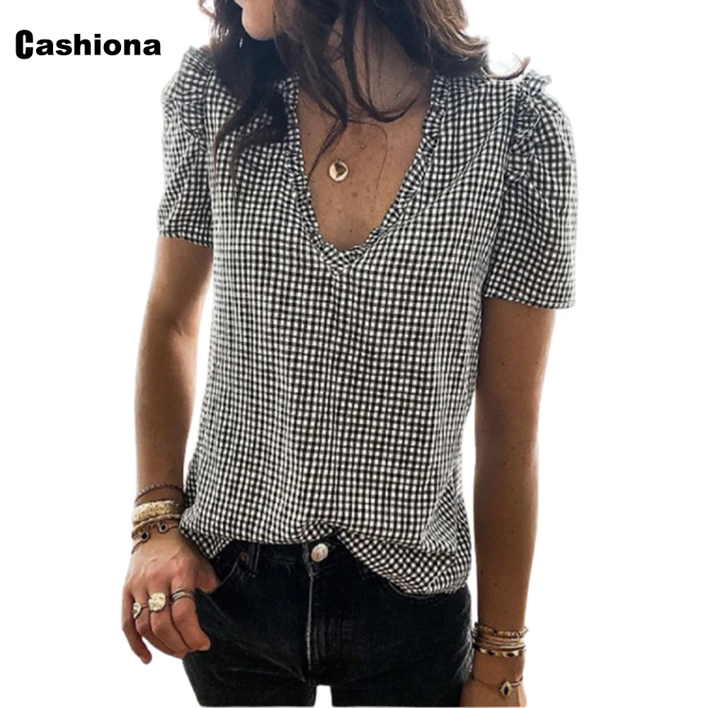 Cashiona Plus size 3xl Women Elegant Leisure Casual Shirt V-neck Blouse 2021 Short Sleeve Summer Plaid Top Laides Tunic blusas