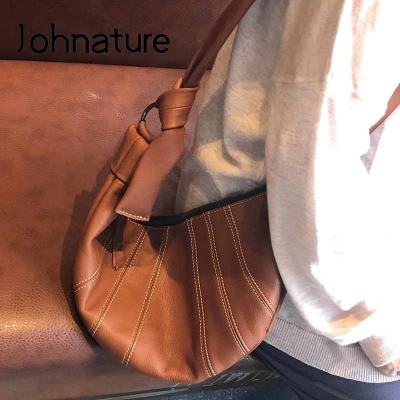 

Johnature Leisure Genuine Leather Shoulder Bags 2021 New Simple Soft Cowhide Women Bag Versatile Large Capacity Messenger Bag