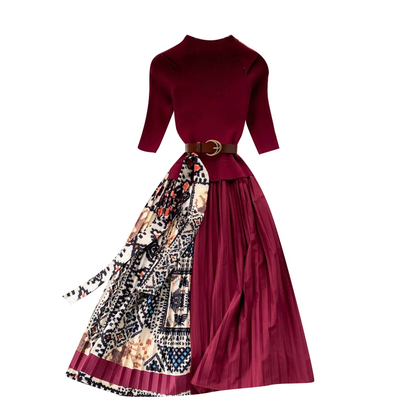 

Женское трикотажное платье средней длины, элегантное плиссированное платье из двух предметов с принтом в стиле ретро, осень