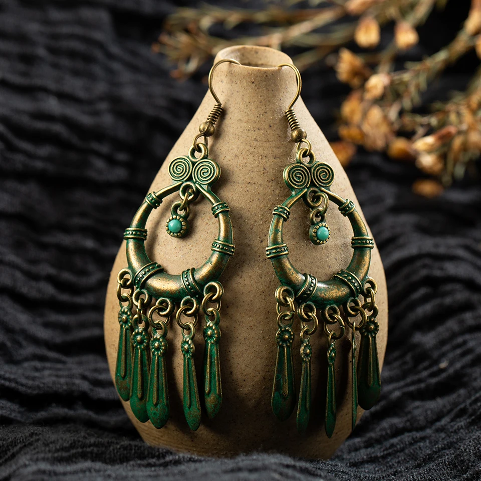 Женские винтажные серьги подвески boho зеленые/Серебристые Длинные висячие с