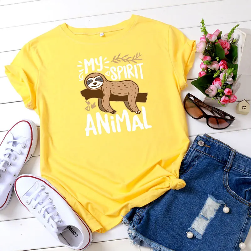 

MY SPIRIT ANIMAL Letter Print Women T Shirt Short Sleeve O Neck Loose Women Tshirt Ladies Tee Shirt Tops Clothes Camisetas Mujer