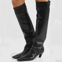 kitten mid heel square toe knee high knight boots for women cool black leather trendy runway bottes autumn winter shoes woman