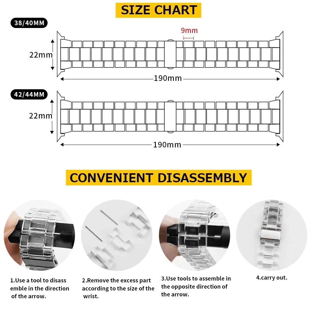 

Resin Watch strap for apple watch 6 5 4 band 42mm 38mm correa transparent steel for iwatch 6 series 5 4 3/2 watchband 44mm 40mm