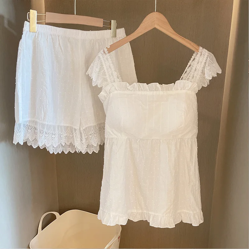 

White Cotton 2PCS Pajama Sets Summer New Sweet Lace Trim Sleepwear Lovely Ruffles Nightwear Lounge Home Wear Loose Pyjama