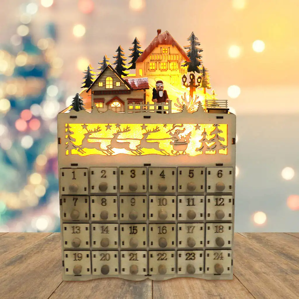 

Рождественский деревянный календарь с 24 ящиками и светодиодной подсветкой, украшение на Рождество, маленькие подарки для детей