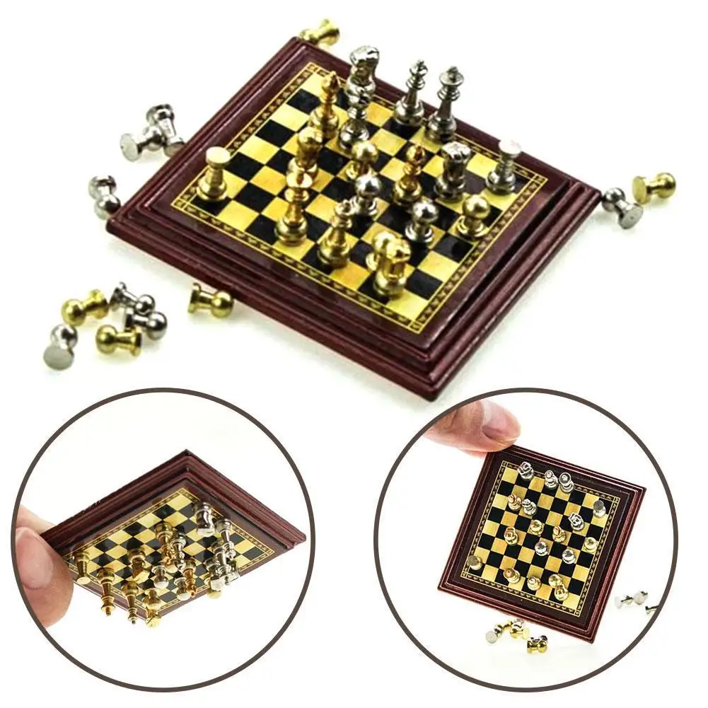 

1/12 or 1/6 scale Miniature Dollhouse Magnetic Chess Set DIY Board Game Kids Toy Table Chess Board Set Decor Chessboard