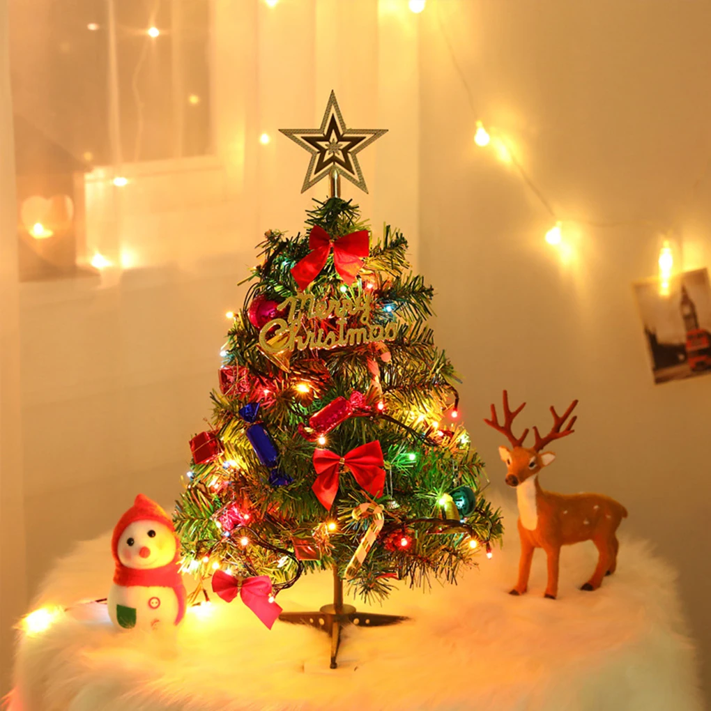 

Mini Tabletop Christmas Tree with LED String Lights Small Pendant Jingle Bell for Christmas Decorations 2022 New Year Ornaments